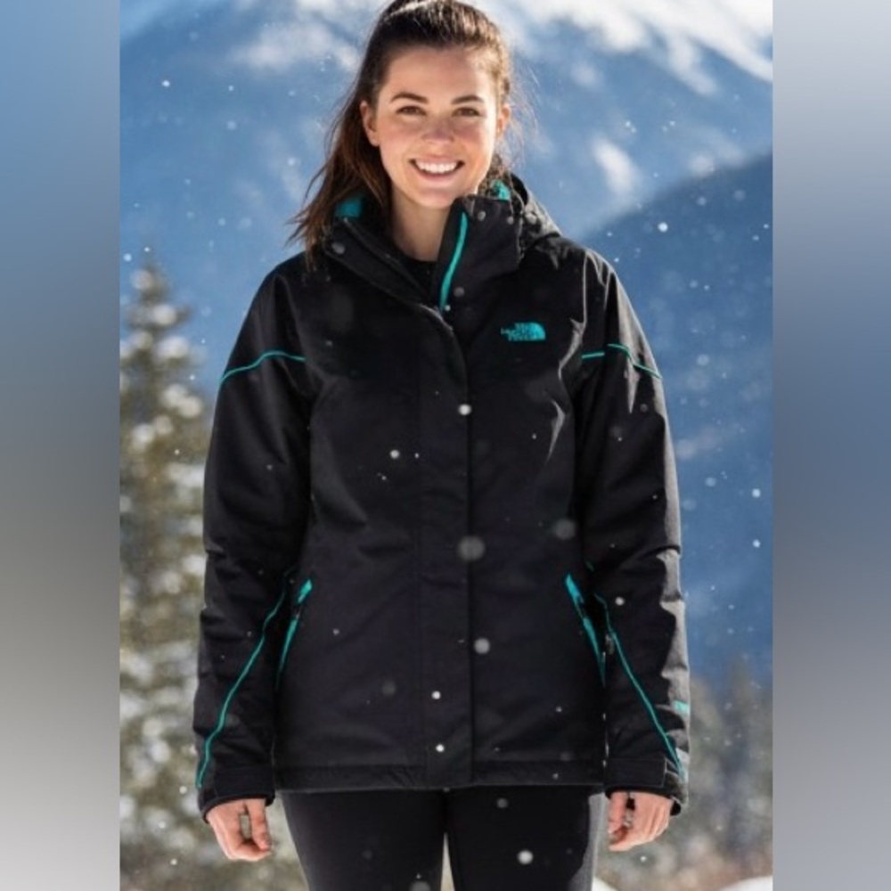 The North Face black/teal trim hooded warm lined jacket.detachable lining, XS